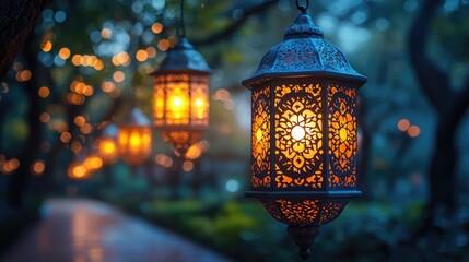 Ornate lanterns illuminate a serene garden path at dusk, creating a magical atmosphere