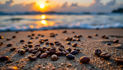 Coffee beans on sandy beach with sunset and ocean waves in the background