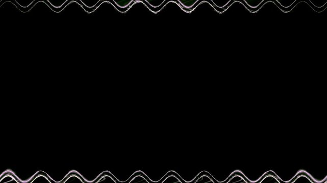 Rectangular horizontal wavy long glowing neon shiny pink gray lines with brightening light effect on black background. In the middle there is a place for your own content.