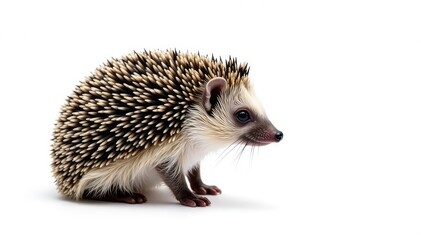 Obraz premium A lone hedgehog, facing right, set against pure white , cute, macro