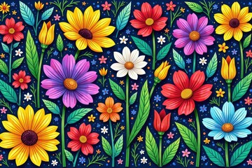 Intricate line art wildflowers, continuous design, print, spring