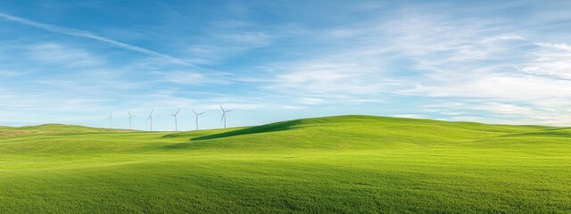 Obraz premium Green Rolling Hills with Wind Turbines Under Clear Blue Sky