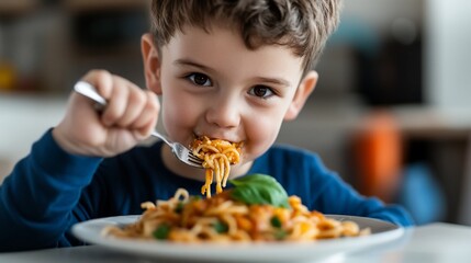 Adorable Young Boy Enjoying a Delicious Plate of Spaghetti with Enthusiasm