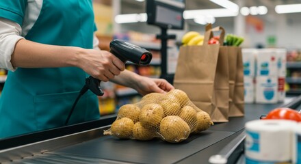 Efficient cashier scanning a bag of Yukon Gold potatoes at the supermarket checkout