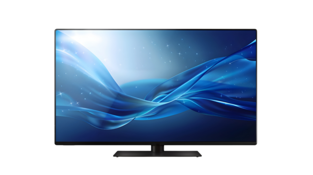High-Resolution Television Display with Blue Wave Design Background
