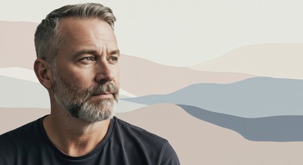 Fototapeta premium Thoughtful Man with Beard Posing with Calm Expression, Perfect for Lifestyle and Mental Well-being Themes