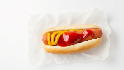 Hot dog with mustard and ketchup in a bun with lettuce, tomato sourse and chilli sourse, and onion, Generative AI