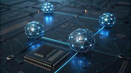 Futuristic microchip, glowing blue network nodes, interconnected spheres, digital circuit board, holographic technology, neon blue light trails