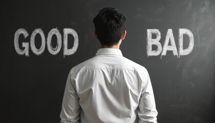 Man stands before blackboard with Good, Bad words. Choice between right, wrong decisions. Business ethics concept, moral dilemma. Male in front of ethical challenge. Personal integrity,