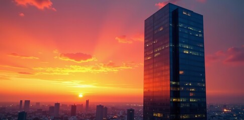 Dramatic silhouette of glass skyscraper against orange sky at dusk, urban, modern