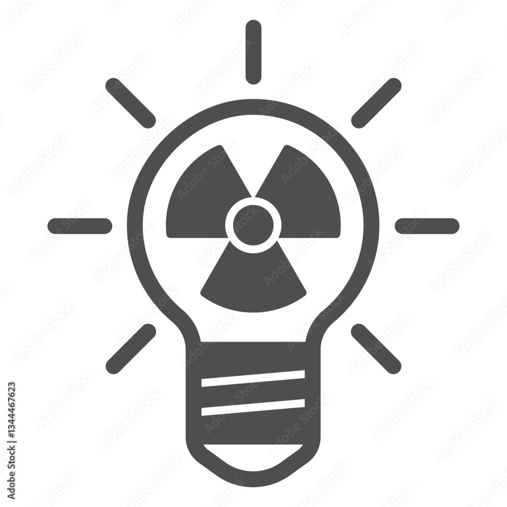 Poster lightbulb with radiation solid icon, atomic energy concept. vector graphics. shiny light bulb lamp r