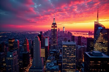 Obraz premium Dramatic sunset over illuminated buildings in New York City, horizon, skyscrapers
