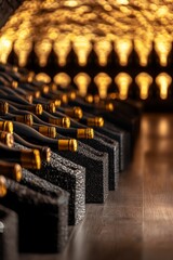 Rows of wine bottles rest in a dark, wine cellar.
