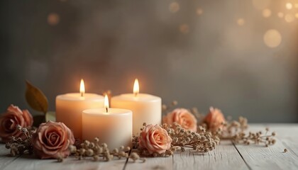 All Saints Day still life with lit candles and roses. Calm light on wooden surface. Remembrance day background with copy space. Beauty in simplicity for peaceful mood.