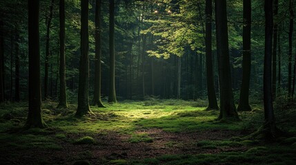 Obraz premium Serene Forest Landscape with Sunlight Streaming Through Lush Green Canopy and Mossy Ground in Tranquil Environment