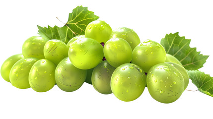 Obraz premium Fresh Green Grapes with Water Drops and Leaves Isolated on Background