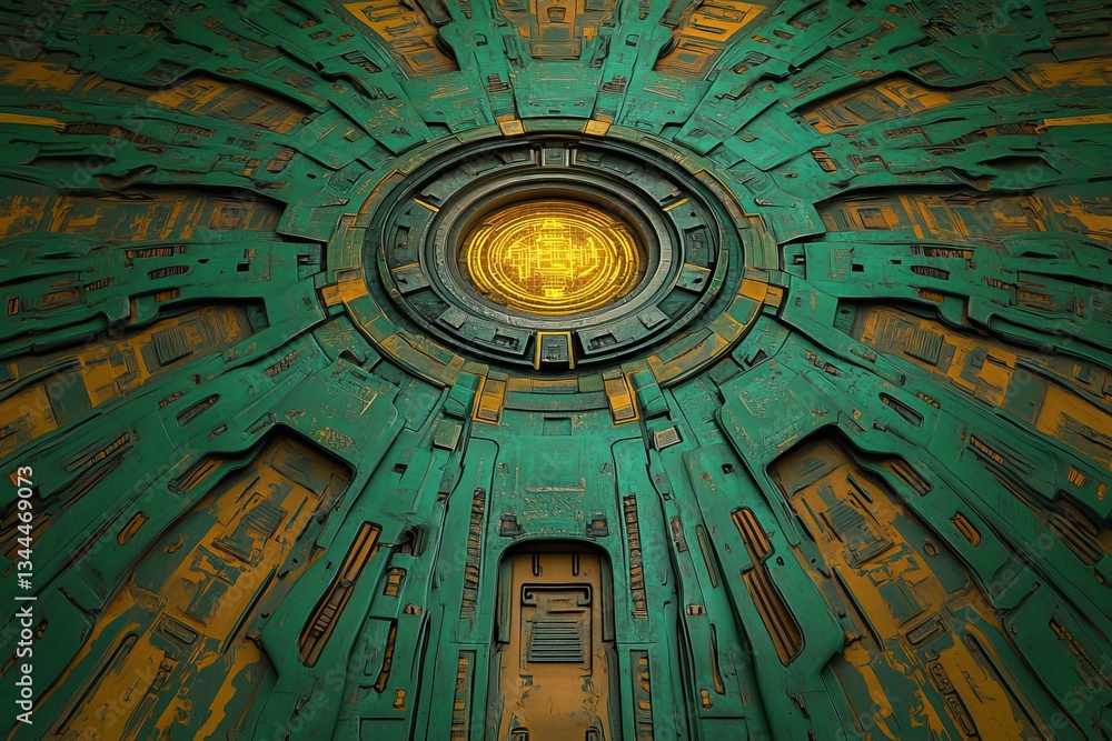 Poster the stock image features a futuristic metaverse with an octagon tunnel, polygon shapes, and circuit 