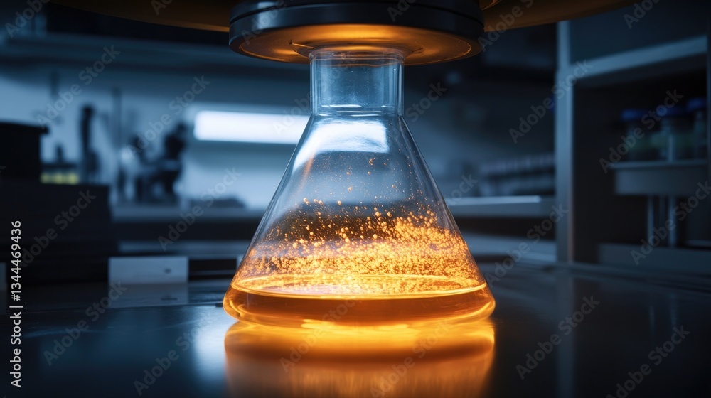 Aufkleber close-up of bubbling chemical reaction in laboratory flask illuminated from below for enhanced visib