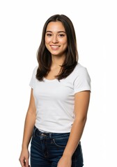 Fototapeta premium Portrait of a young woman smiling confidently in casual white t-shirt against a white background, ideal for lifestyle and fashion content.