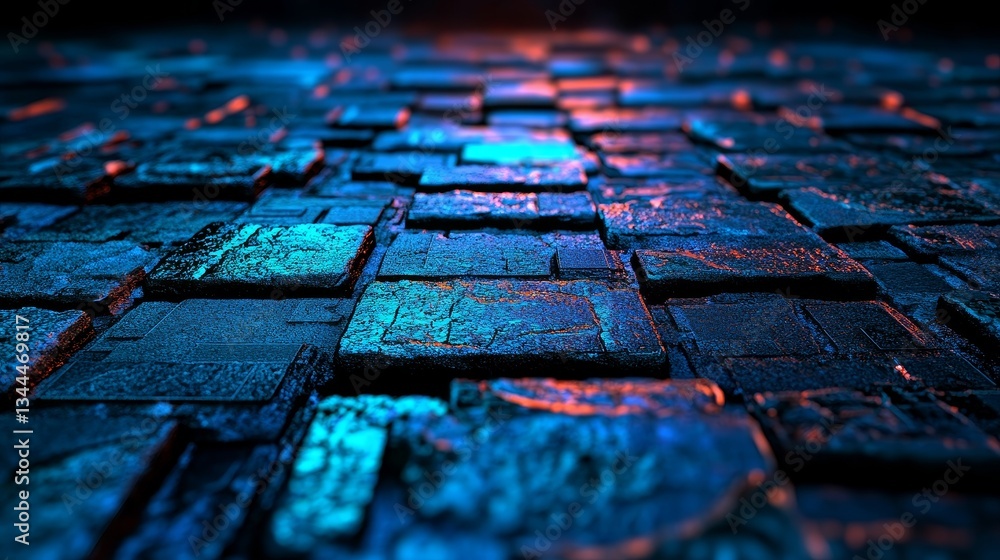 Poster the background is a 3d render of innovative tech with turquoise and black translucent cubes arranged