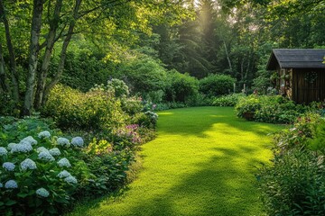 Sunlit garden path through lush greenery