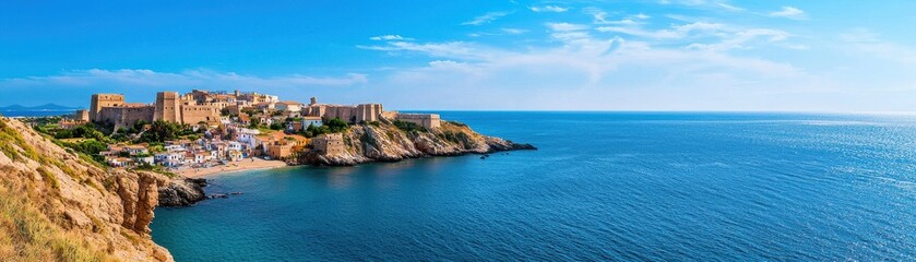 A panoramic view of a coastal town featuring scenic cliffs, clear blue waters, and a historical castle overlooking the beach.