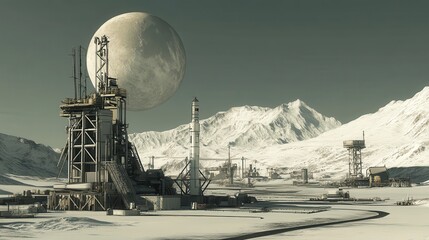 Obraz premium An industrial complex exists on a frozen planet with mountains and moon