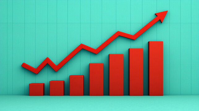 vibrant upward trending line graph with bold red bars against turquoise background symbolizes growth and success