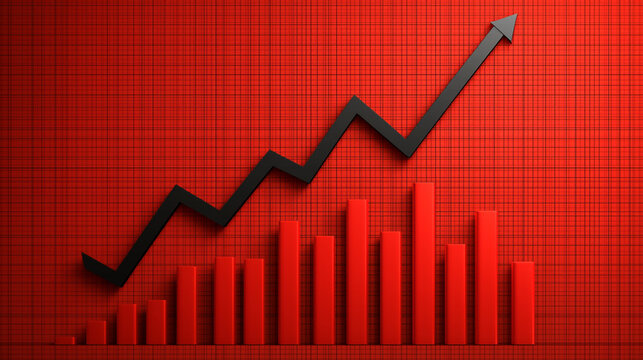 dynamic upward trending line graph on red grid background, symbolizing growth and success in data analysis