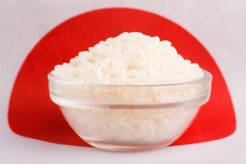 bowl of white rice on japan flag