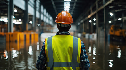 Engineer in safety vest assesses flooded factory, industrial accident, water damage in warehouse
