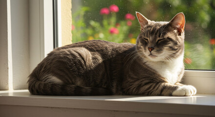 Peaceful Domestic Cat Resting on a Windowsill Bathed in Warm Sunlight with Green Background