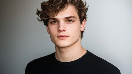 Fototapeta premium Confident Young Man Portrait with Curly Hair and Neutral Background