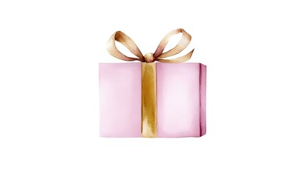 Obraz premium Pink gift box with elegant golden ribbon bow on white background, isolated festive present for special occasions and holiday celebrations.