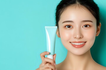 Young Asian woman with bright smile holding skincare product tube against turquoise background, showcasing natural beauty and clean skin in cosmetic advertisement.