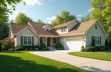 Classic suburban home exterior, well-manicured lawn in springtime. Residential architecture, beige siding, brown shingle roof, attached garage. Green trees, blue sky create idyllic neighborhood