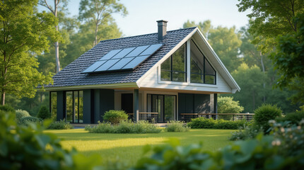 Obraz premium A contemporary house with solar panels sits amid a vibrant garden. Large windows reflect the sunlight, creating a serene atmosphere in a beautiful landscape.