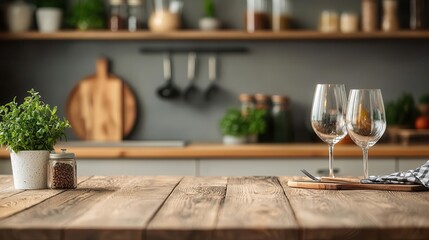 Polished wood kitchen table, cozy background, refined ambiance, soft lighting