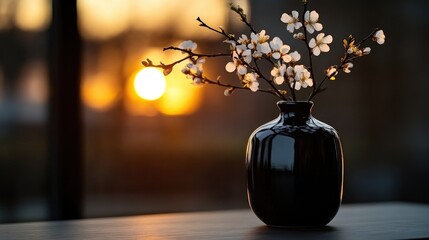 Blooming spring flowers in a dark vase at sunset