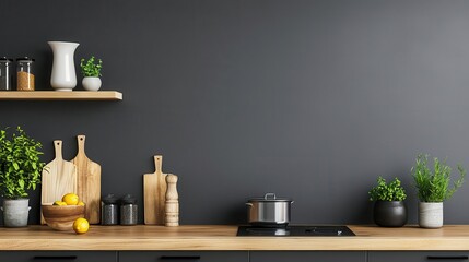Elegant kitchen with wood countertop, inviting warmth, rich textures, sophisticated design