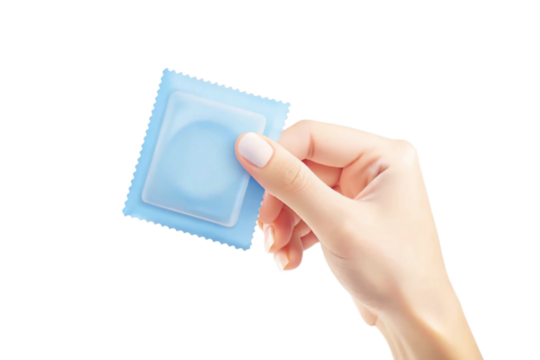 A woman's hand delicately holds a light blue condom package against a black background