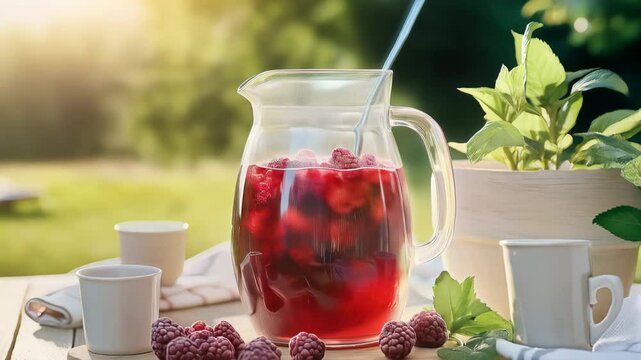 Refreshing raspberry drink outdoors perfect for a summer day with a lush green background creating a vibrant scene