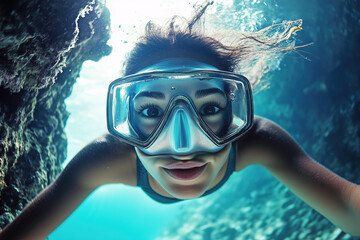 Naklejka premium Girl in snorkeling mask dives into an underwater cave