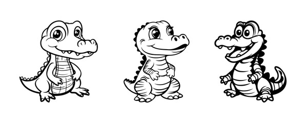 Fototapeta premium Cute cartoon alligator characters. Three cute cartoon alligators with unique expressions and poses for coloring books, children's illustrations, or fun decorative prints. Vector illustration