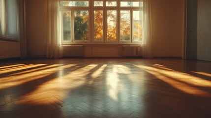 Empty room bathed in autumn sunlight
