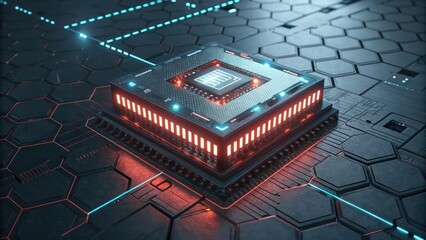 Futuristic CPU, glowing red circuitry, hexagonal grid surface, neon blue lighting, cyberpunk aesthetics, high-tech processor, 3D render,