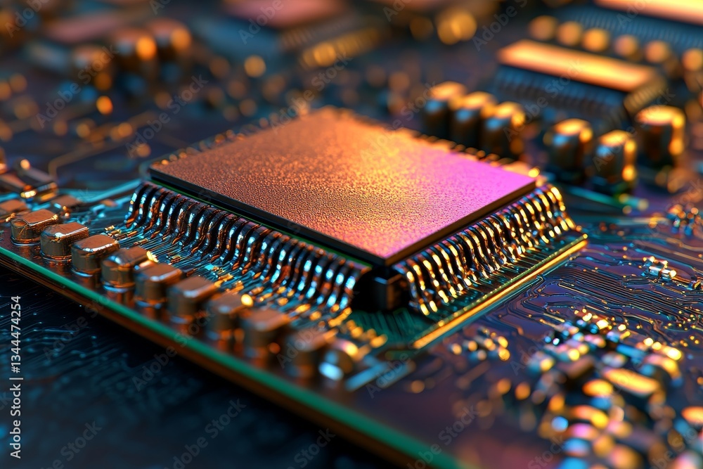 Poster the abstract design of a 3d cpu is characterized by its minimalist metallic construction with golden