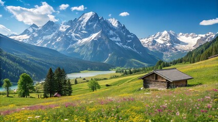 A serene wooden cabin nestled in a vibrant alpine meadow, overlooking majestic snow-capped mountains under a brilliant blue sky.