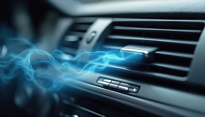Close-up of car AC vent with cool air flowing. Refreshing atmosphere inside the vehicle. Automotive interior, dashboard climate control system. Modern technology for comfortable travel by auto.