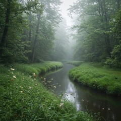 Obraz premium Serene Forest Stream in Misty Morning Light Surrounded by Lush Greenery and Wildflowers